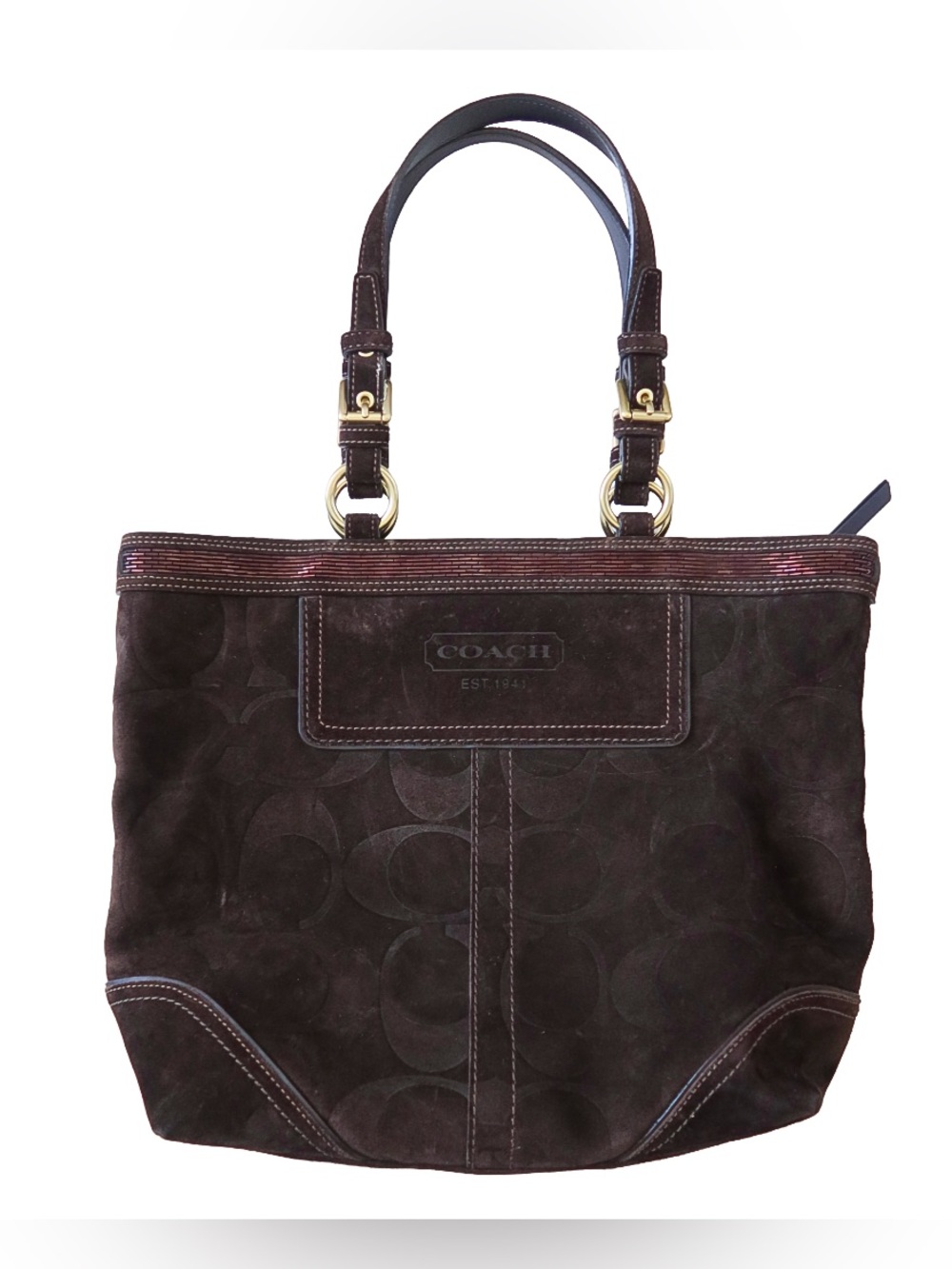 Coach Chocolate Brown Hampton Suede Beaded Tote
